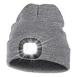 MELASA Unisex LED Beanie with The Light, USB Rechargeable Hands Free Headlamp Hat, Knitted Night Light Beanie Cap Flashlight Hat, Men Gifts for Dad Father Husband (Grey)