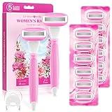 DreamGenius Razors for Women Include 2 Non-Slip Handles and 14 Blade Refills with a Shower Holder, 5 Premium Blades Women's Razors for Shaving with 360° Lubrication Reduces Irritation, Pink