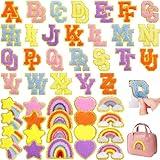 72 Pcs Preppy Cute Embroidered Chenille Letter Patches Self Adhesive,Include 52 A-Z Varsity Letters Patches,20 Star Heart Rainbow Meteor Sew on Repair Patches Boho Stickers for Jackets Backpacks Hats