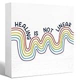 Mental Health Desk Sign,Healing Is Not Linear Wooden Block Signs for Therapist Office Desk Decor,Psychology Decorations for Counseling Office,Recovery Self Care Encourage Gifts