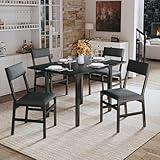 HUAHUU Dining Table Set for 4, Extendable Kitchen Table Cushion Chairs Set of 4, Rectangle Dining Table with Metal Frame & MDF Board, Folding for Small Apartment Saving Space, Black