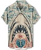 Men's Shark Print Hawaiian Shirt, Short Sleeve Button Down, Regular Fit, Green and Orange