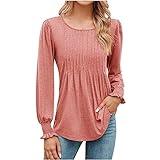 Solid Tunic Tops for Women Casual Dressy Tops Round Neck Long Sleeve Pleated Top to Wear with Leggings Pink