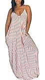 Women's Casual Stripe Long Maxi Dresses with Pockets Spaghetti Strap Sleeveless Loose Beach Sundress