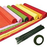 Cieovo Crepe Paper Flower DIY Kits, 7 Rolls Rainbow Bright Colors Crepe Paper Rolls Green Floral Tape and 50 Green Floral Iron Wire for Wedding Festival Party Wreath Making Supplies DIY Flower Crafts