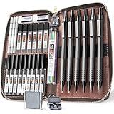 STAGEEK 30Pcs Art Metal Mechanical Pencil Set with Leather Case, 6PCS Art Drafting Pencils 0.5, 0.7, 0.9, 2.0MM Mechanical Drawing Pencils with 300PCS Leads for Writing Sketching Drawing (Black)