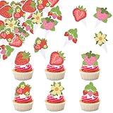 HJZHII 72PCS Non Edible Strawberry Cupcake Topper, Glitter Strawberrys Cake Decoration Inedible Cupcake Pick Strawberrys Party Cake Decor for Summer Wedding Birthday Party Berry Theme Dessert Table
