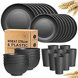 Teivio 32-Piece Kitchen Plastic Wheat Straw Dinnerware Set, Service for 8, Unbreakable Modern Dish Set - Dinner Plate/Dessert Plate/Cereal Bowl/Cup, for Apartment Essentials, Outdoor Camping,Black