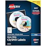 Avery Printable CD Labels, Matte White, Permanent Adhesive, Inkjet Printer Compatible, 100 Disc & 200 Spine Labels, Ideal for CDs, DVDs, PC Discs, Media Projects & More (8691)