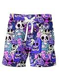 WDIRARA Men's Cartoon Skull Print Swim Trunks Drawstring Elastic Waist Beach Shorts Violet Purple Large