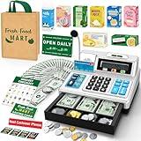 Calculator Cash Register Toy Gift for Kids Age 3, 4, 5, 6, 7, 8+ Year Old, 120 Pcs Grocery Store Playset with Toy Cash, Grocery Boxes， Microphone, Play Cash Register for Toddlers 4-8, Silvery