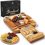 Zulay Kitchen Premium Bamboo Cheese Board Set - Extra Thick Bamboo Charcuterie Board Set with 4 Piece Knife Set - Wooden Cheese Board is Perfect for Charcuterie, Wine and Cheese (Party Set) - Icon