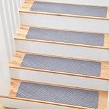 MBIGM 8 X 30inches, 15 in Pack, Non-Slip Carpet Stair Treads Non-Skid Safety Rug Slip Resistant Indoor Runner for Kids Elders and Pets with Reusable Adhesive, Light Gray Weave