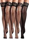 Bencailor 4 Pairs Fishnet Thigh High Stocking Silicone Lace Top Sheer Over Knee Stocking Silky Stockings for Women(Black, Medium)