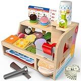 Wooden Slice & Stack Sandwich Counter with Ice Cream Toy for Toddlers, 54-Piece Wooden Play Food Set for Kids, Pretend Food for Play Kitchen, Grocery Store Pretend Play for Boys & Girls Ages 3+