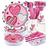 PAMMYAN 2024 Valentines Day Party Supplies Tableware Set - 25 Set Heart and Love Disposable Dinnerware - Red Paper Plates Napkins Cups, Pink Plastic Forks Knives Spoons for School Office Home