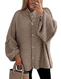 PRETTYGARDEN Women's Winter Button Down Cardigan Sweaters Mock Neck Lantern Long Sleeve Chunky Knit Jacket Trendy Outerwear (Camel,X-Large)