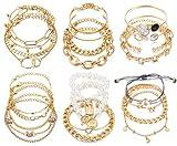 17IF 25 PCS(6 Pack) Dainty Boho Gold Chain Bracelets Set for Women Stackable Chunky Multipack Layered Bangles Adjustable Flat Cuff Cuban Punk Charm Bracelet Bundle Jewelry