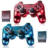 Burcica Wireless Controller for PS2 Play 2 Dual Vibration - ClearBlue and ClearRed