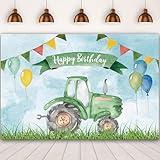 ADOFUN Cartoon Green Tractor Backdrop 8x6Ft Happy Birthday Balloon Grass Backgrounds Event Party Decorations Supplies Photographic Studio Photo Backgrounds Banner Polyester Fabric