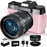 2024 Upgrade VJIANGER Digital Camera for Photography 4K 56MP Vlogging Camera for YouTube with WiFi, 180° Flip Screen, 16X Digital Zoom, 52mm Lens, 2 Batteries, 32GB Micro SD Card(Pink)