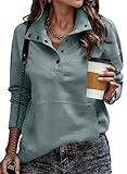 SHEWIN Womens Sweatshirt Casual Long Sleeve Lightweight Sweatshirts Loose Button V Neck Pullover Tops Fall Clothes for Women 2025,US 4-6(S),Mint Green