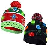 2 Pack Christmas LED Light-up Knitted Beanie Hat Colorful with 3 Flashing Modes for Holiday Xmas Christmas Party Supplies(One Size Fits More)