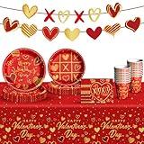 Valentine's Day Party Supplies Tableware Set Red Heart Love Paper Plates Napkins Cups Tablecloth Banner for Valentine's Day Party Decorations, Serves 24