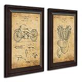 Personal-Prints | Harley Davidson Vintage Style US Patent Prints | Framed Behind Acrylic Motorcycle Wall Art (Original Engine and Bike - 2pc Set)