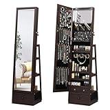 MASMIRE Swivel Full Length Mirror Jewelry Cabinet Standing With Built-In Mirror - 63.7”H Lockable Storage Jewelry Armoire With Mirror Drawers 3 Storage Racks Christmas Gift for Women Brown