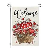 CROWNED BEAUTY Valentines Day Garden Flag 12x18 Inch Double Sided for Outside Small Welcome Burlap Red Hearts Eucalyptus Holiday Yard Decoration