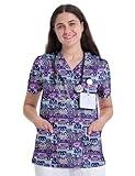 YEZEX Scrub Tops for Women, V Neck Printed Scrub Tops, Medical Nursing Stretchy Shirts w/ 3 Pockets (Purple Cat)