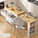 80"-48" Extendable Kitchen Island with Extended Dining Table and Power Outlet,Large Mobile Kitchen Storage Islands with 2 Storage Drawers,Rolling Islands Cart with 3 Extra Rows Open Shelves(White)