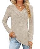 FMEYOA Women's Fall Long Sleeve Tunic Tops for Leggings V Neck Button Casual Blouse Sweatshirt(Khaki,Large)