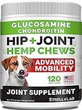 Hemp Treats - Glucosamine Dog Joint Supplement + Omega 3 - w/Hemp Oil - Chondroitin, MSM - Advanced Mobility Chews - Joint Pain Relief - Hip & Joint Care - Chicken Flavor - 120 Ct - Made in USA