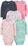 Simple Joys by Carter's Baby Girls' Long-Sleeve Bodysuit, Pack of 5, Mint Green/Navy Dots/Pink/Butterflies/Floral, 24 Months