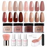 AZUREBEAUTY Dip Powder Nail Kit Starter, 4 Colors Skin Nude Brown Glitter, Acrylic Dipping Powder Liquid Set with Base/Top Coat Activator for Daily French Nail Art Manicure DIY Gift 12 Pcs