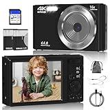 Digital Camera, FHD 4K 44MP Digital Camera, 16X Digital Zoom, Digital Point and Shoot Camera with 3-LED Fill Lights, 64GB SD Card, Compact Camera for Kids Teen Boys Girls, Black