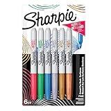 Sharpie Metallics Permanent Markers, Fine Tip, Assorted Colors, 6 Pack