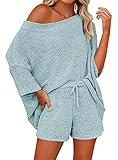 Mafulus Women's 2 Piece Outfits Sweater Sets Off Shoulder Knit Top Shorts Matching Suits Cute Pajama Lounge Set