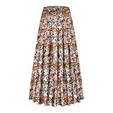 CYiNu Women's Chiffon Elastic High Waist Tiered Pleated Floral Printed A-Line Boho Long Maxi Skirts(Coffee Floral,XL)