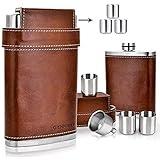 GENNISSY 304 18/8 Stainless Steel 8oz Flask - Brown Leather with 3 Cups and Funnel 100% Leak Proof