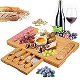 Bamboo Cheese Board and Knife Set, Cheese Plate Charcuterie Platter Serving Tray for Wine, Crackers, Brie and Meat, Large Thick Wooden Server, Fancy House Warming Gift for Gourmets (16''x10'')