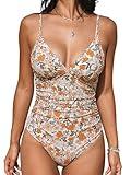 CUPSHE Women's One Piece Swimsuit Tummy Control V Neck Ruched Adjustable Straps, L Yellow Floral