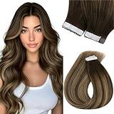Sunny Hair Tape in Hair Extensions Real Human Hair Invisible Remy Hair Extensions Tape ins for Women Dark Brown Root to Caramel Blonde Balayage 16 inch 20Pcs 50G