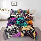 Pug Comforter Set Lovely Pug Dog Bedding Sets Colorful Pugs Comforter for Kids Boys Girls Cartoon Pet Animals Down Comforter with 1 Comforter and 2 Pillow Cases Full Size Soft Child Room Decor