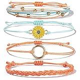 FANCY SHINY Sunflower String Bracelet Handmade Braided Rope Charms Boho Surfer Bracelet for Women(Coral)