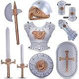 Medieval Knight in Shining Armor, Kids Crusader Pretend Role Play Plastic Costume Dress Up Cosplay with Toy Swords, Axe, Shield, Weapons & Accessories Playset