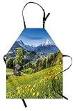 Lunarable Swiss Alps Apron, Panoramic View of Idyllic Mountain Landscape Green Natural Pastoral Photo, Unisex Kitchen Bib with Adjustable Neck for Cooking Gardening, Adult Size, Green Multicolor