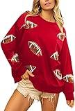 MOUSYA Womens Sequin Football Sweatshirt Game Day Long Sleeve Shirt Sunday Funday Pullover Casual Crewneck Tops Red